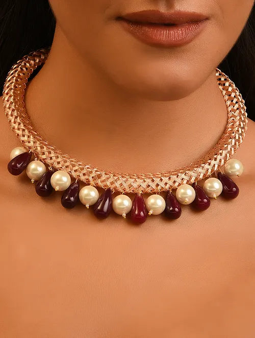 Rose Gold Tone Handcrafted Hasli Necklace with Pearls