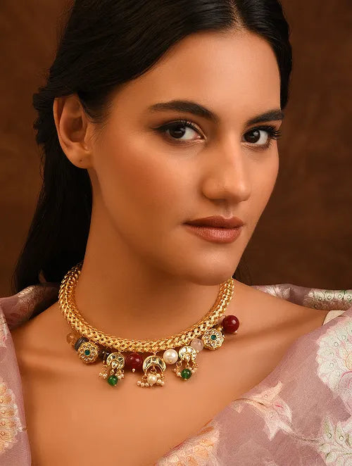 Multicolor Gold Tone Kundan Hasli Necklace