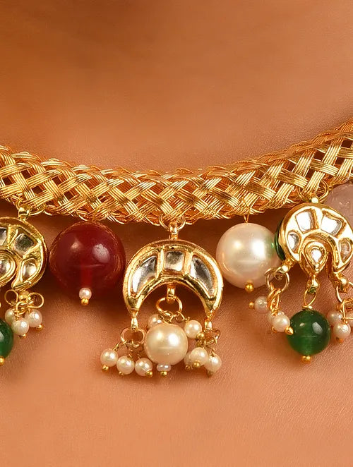 Multicolor Gold Tone Kundan Hasli Necklace