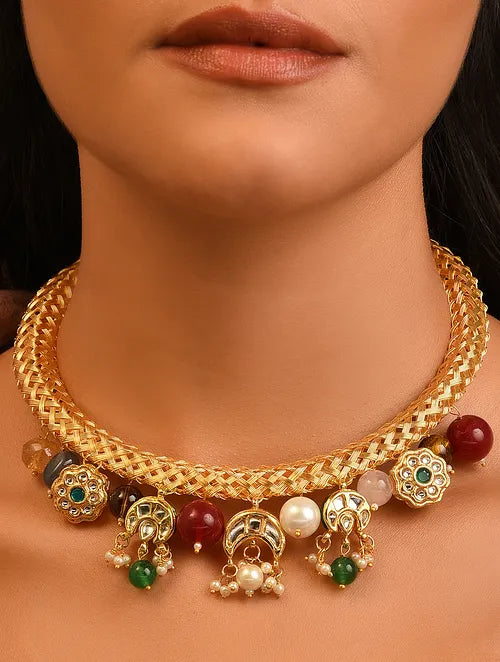 Multicolor Gold Tone Kundan Hasli Necklace