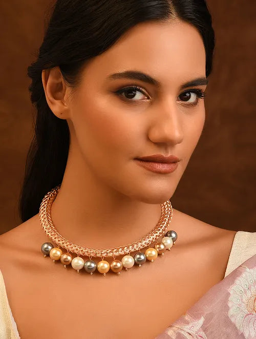 Rose Gold Tone Handcrafted Hasli Necklace with Pearls