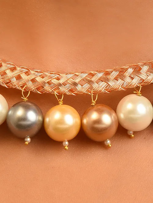 Rose Gold Tone Handcrafted Hasli Necklace with Pearls