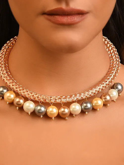 Rose Gold Tone Handcrafted Hasli Necklace with Pearls