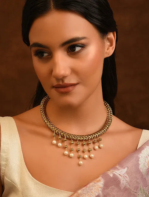 Gold Tone Handcrafted Hasli Necklace with Pearls