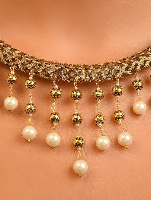 Gold Tone Handcrafted Hasli Necklace with Pearls