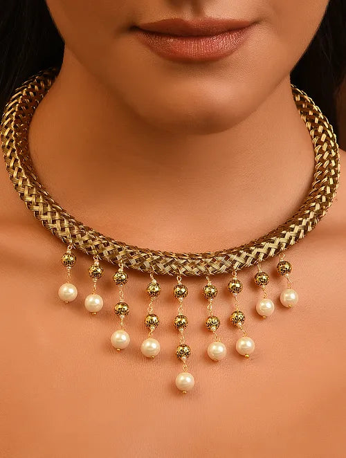 Gold Tone Handcrafted Hasli Necklace with Pearls