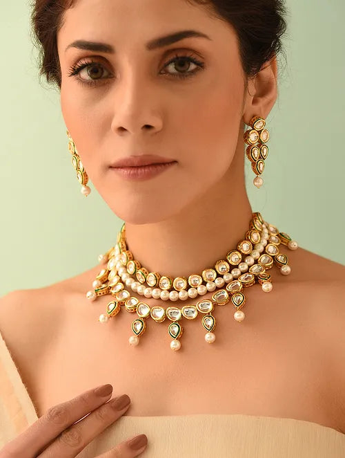 Elegant Pearl and Kundan Choker with Earrings