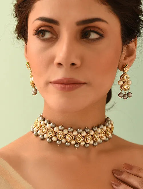 Grey & White Pearls Kundan Choker with Earrings