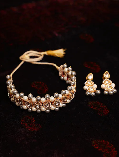 Grey & White Pearls Kundan Choker with Earrings