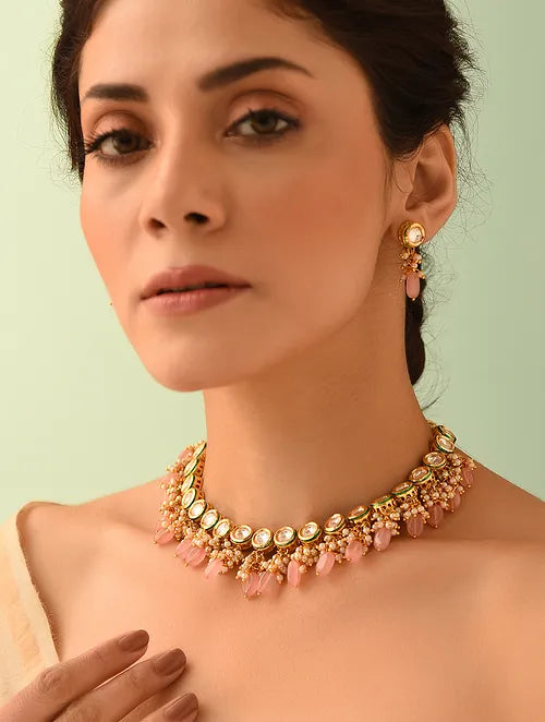 Classic Kundan and Pink Quartz Choker with Earrings