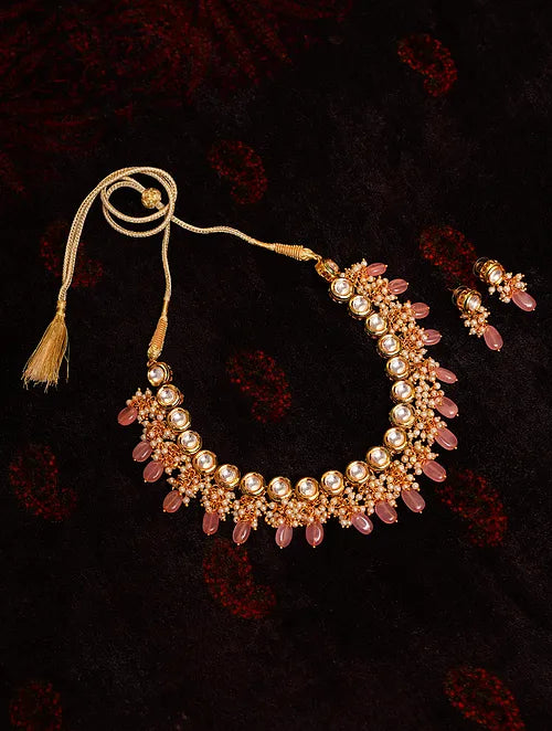 Classic Kundan and Pink Quartz Choker with Earrings