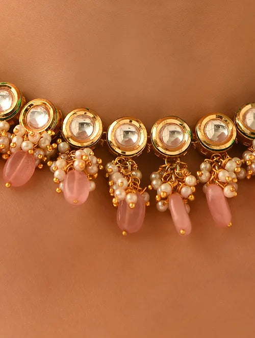 Classic Kundan and Pink Quartz Choker with Earrings