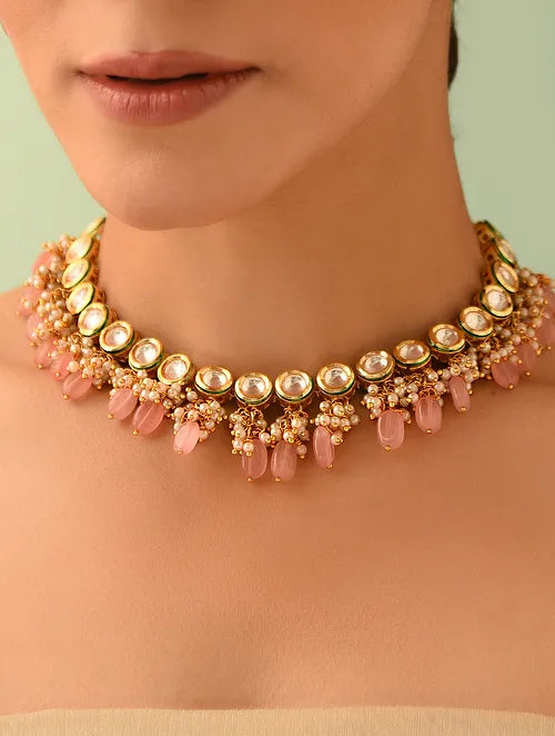 Classic Kundan and Pink Quartz Choker with Earrings