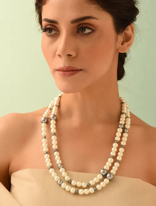 Double Line Grey and White Shell Pearl Necklace