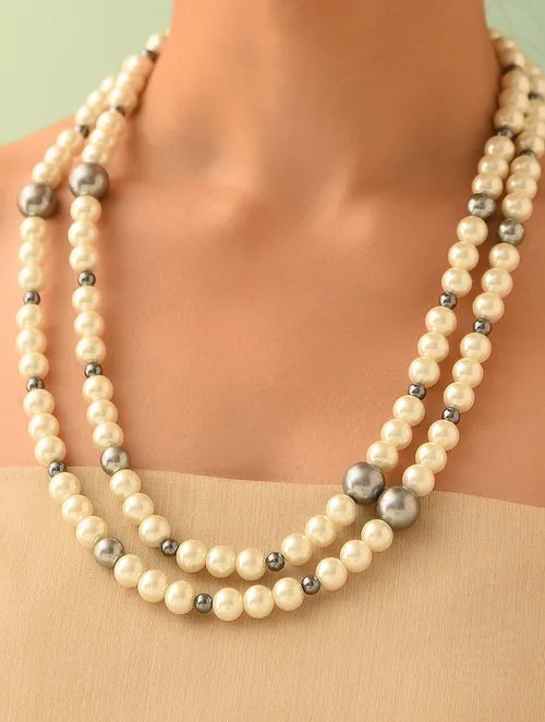 Double Line Grey and White Shell Pearl Necklace