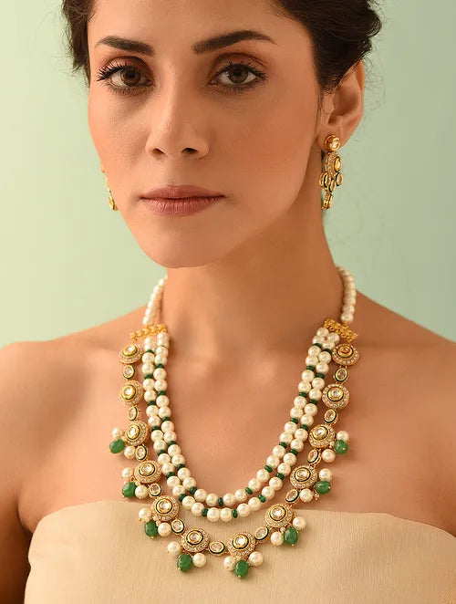 Green Kundan and Pearl Necklace with Earrings