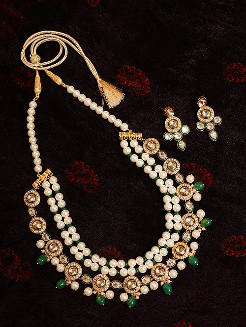 Green Kundan and Pearl Necklace with Earrings