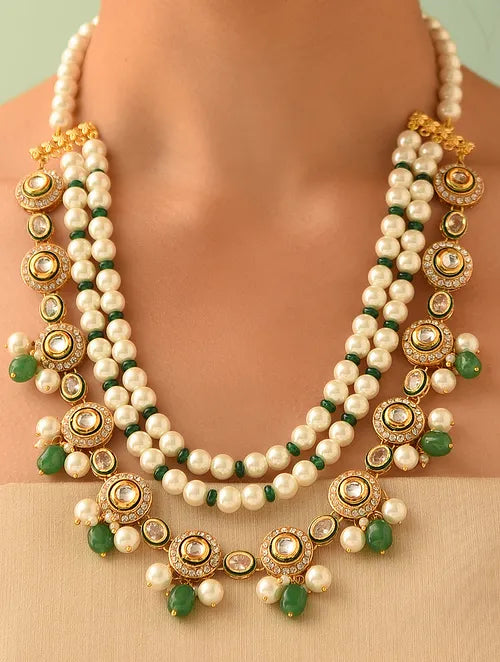 Green Kundan and Pearl Necklace with Earrings