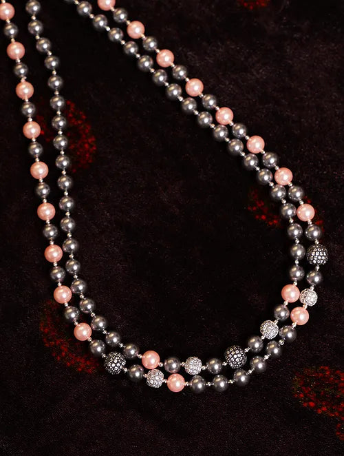 Double Line Grey & Pink Shell Pearl Necklace