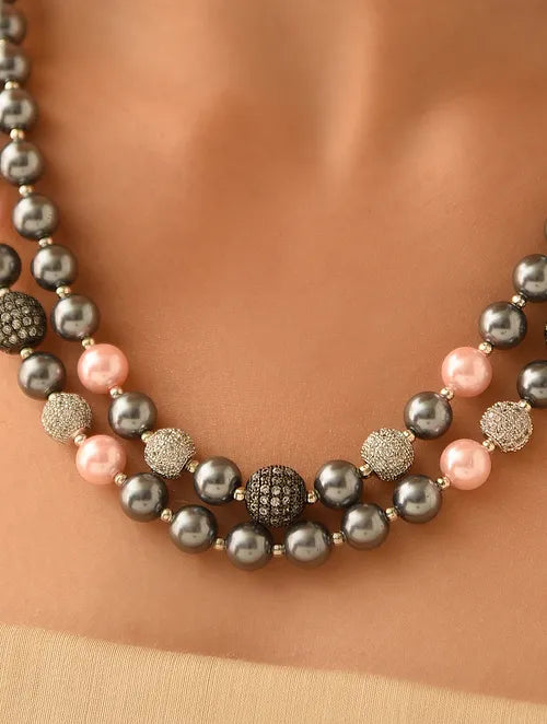 Double Line Grey & Pink Shell Pearl Necklace