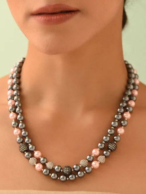 Double Line Grey & Pink Shell Pearl Necklace