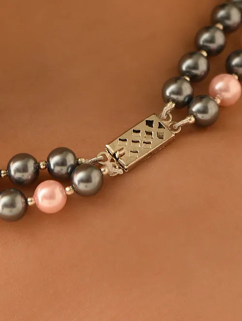 Double Line Grey & Pink Shell Pearl Necklace