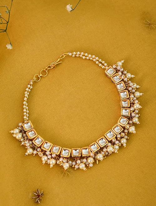 Square Kundan and Pearl Anklet