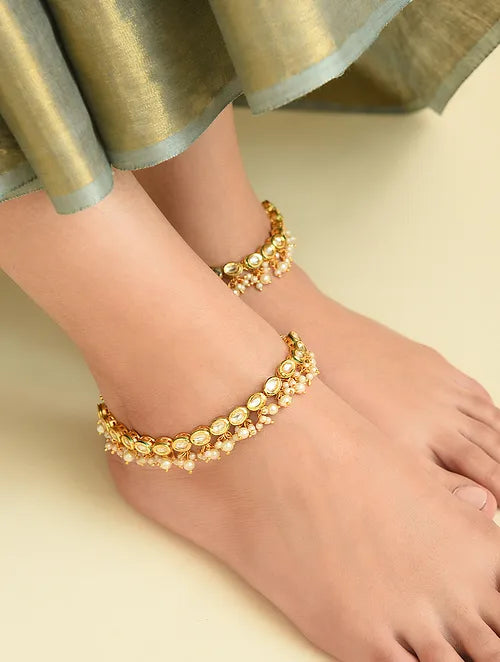 Oval Kundan and Pearl Anklet