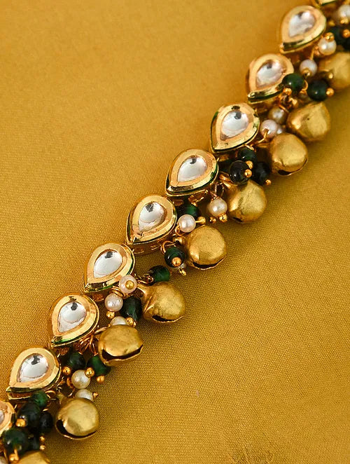 Drop Kundan Anklet with Green Stones, Pearls and Ghungroo