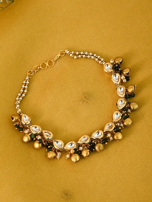 Drop Kundan Anklet with Green Stones, Pearls and Ghungroo