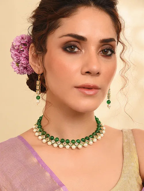 Green Onyx, Polki and Pearl Necklace with Earrings