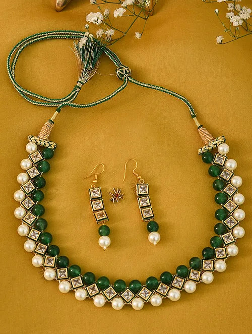 Green Onyx, Polki and Pearl Necklace with Earrings