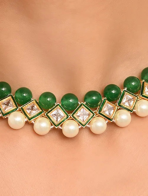 Green Onyx, Polki and Pearl Necklace with Earrings