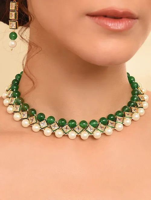 Green Onyx, Polki and Pearl Necklace with Earrings