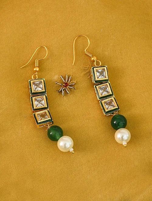 Green Onyx, Polki and Pearl Necklace with Earrings