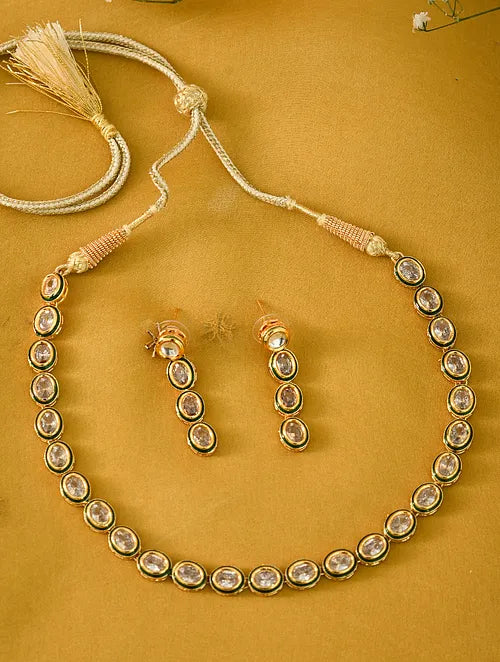 Single Line Oval Polki Necklace with Earrings