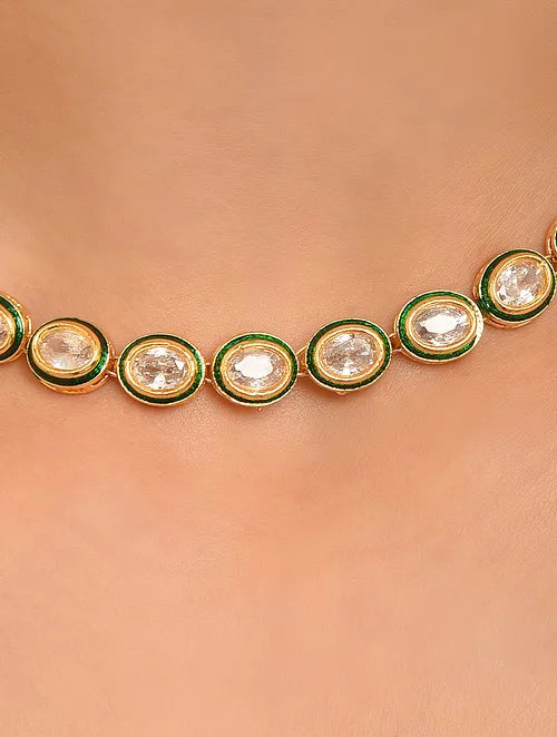 Single Line Oval Polki Necklace with Earrings