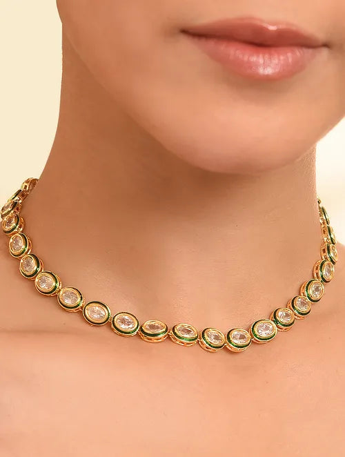 Single Line Oval Polki Necklace with Earrings