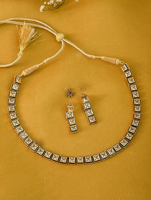 Statement Square Polki Necklace with Earrings