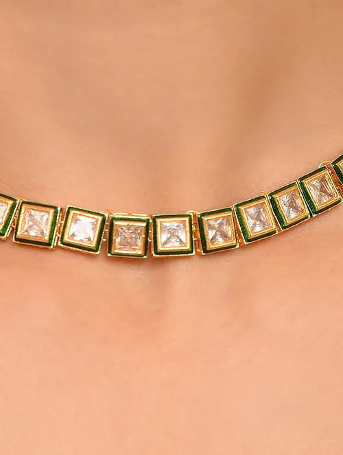 Statement Square Polki Necklace with Earrings