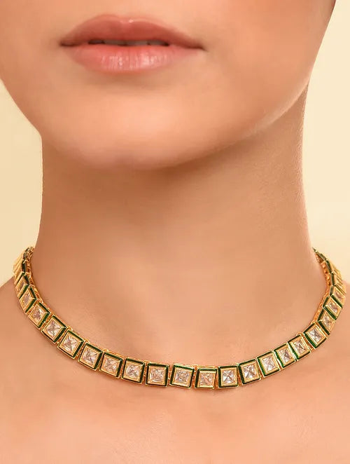 Statement Square Polki Necklace with Earrings