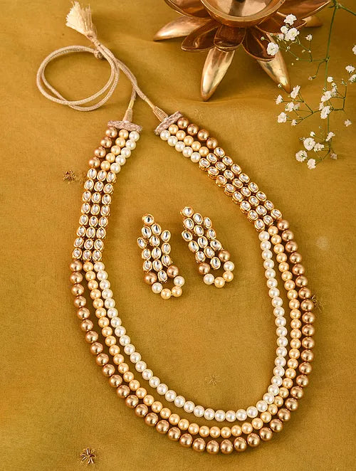 Long Pearl and Kundan Necklace with Earrings