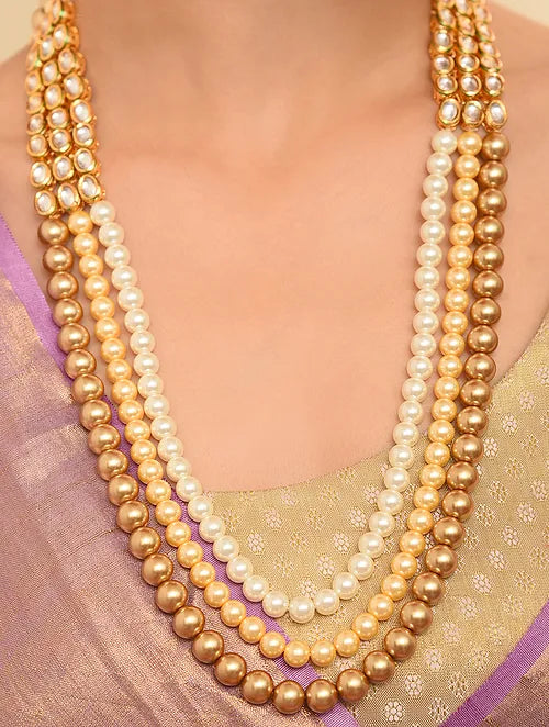 Long Pearl and Kundan Necklace with Earrings