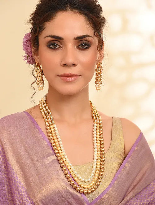 Long Pearl and Kundan Necklace with Earrings