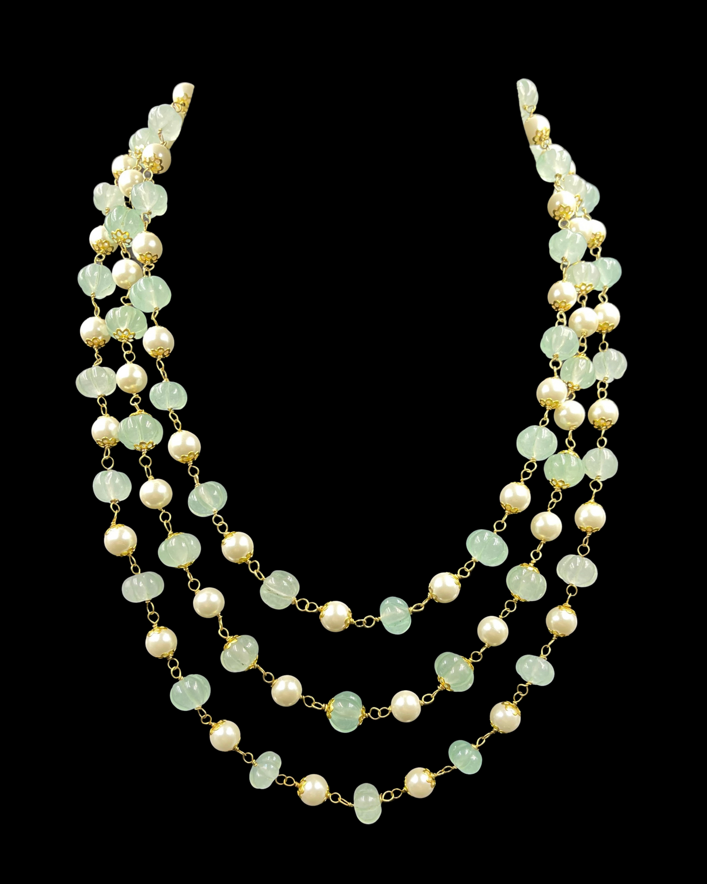 Triple Line Shell Pearls and Green Quartz Melon Beads Necklace