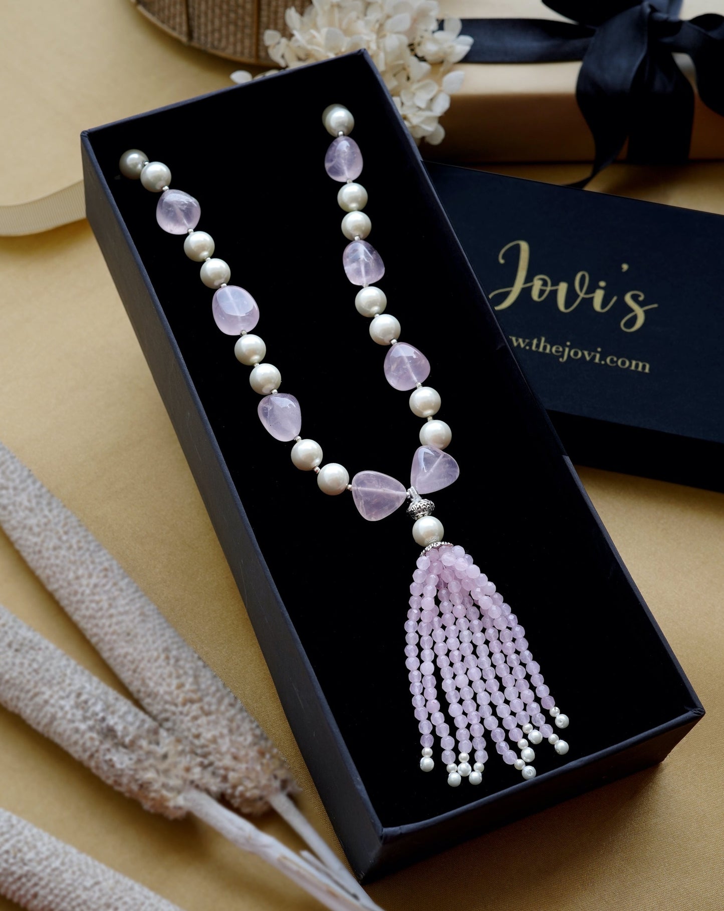 Pink Quartz and Pearl Necklace with Tassels