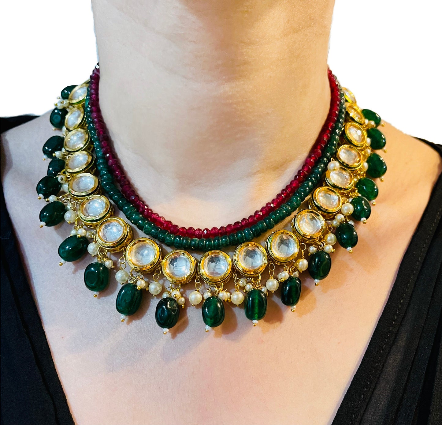 Green & Red Jade Kundan Short Necklace with Earrings