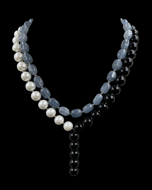 Knotted Pearl, Quartz and Onyx Necklace