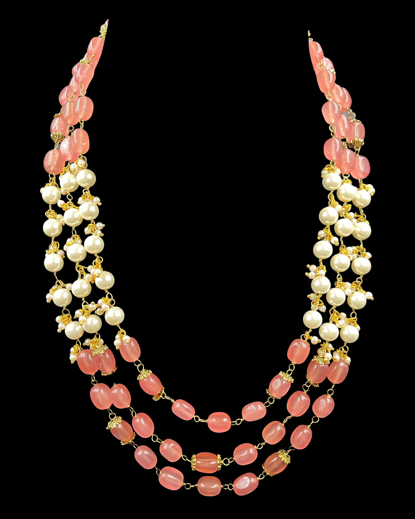 Triple Line Shell Pearls and Pink Quartz Necklace