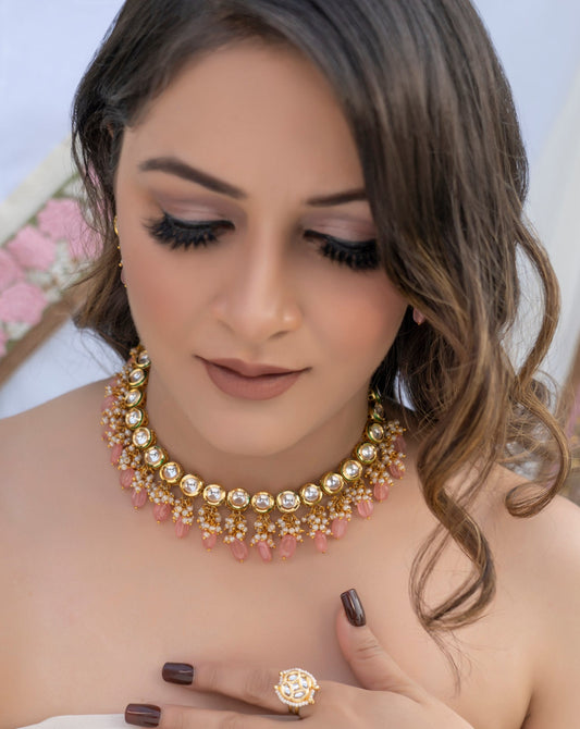 Classic Kundan and Pink Quartz Choker with Earrings